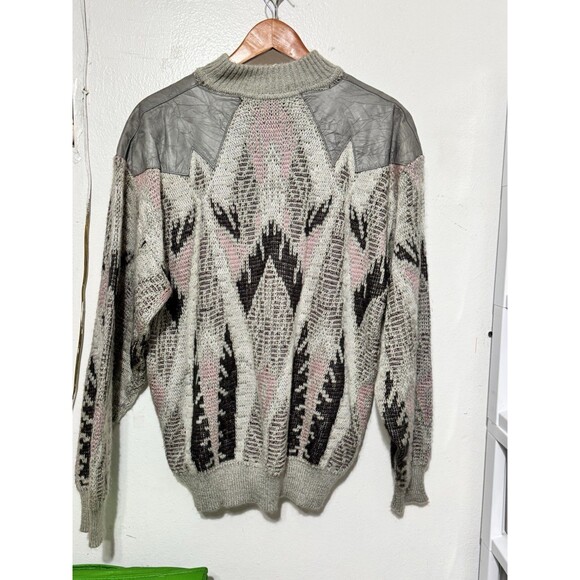 Mark Elliott Vintage Aztec Knit Sweater Leather Shoulder Gray Pink Black M - Picture 5 of 5